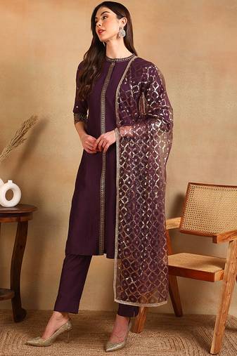 Purple embroidered silk blend stitched readymade suit