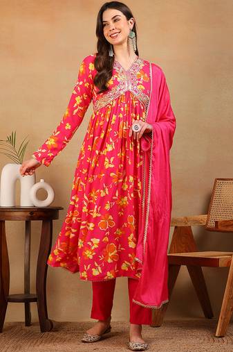 Pink printed georgette stitched readymade suit