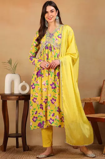 Yellow printed georgette stitched readymade suit
