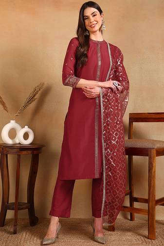 Red embroidered silk blend stitched readymade suit