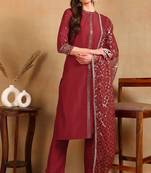 Red embroidered silk blend stitched readymade suit