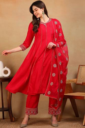 Red embroidered silk blend stitched readymade suit
