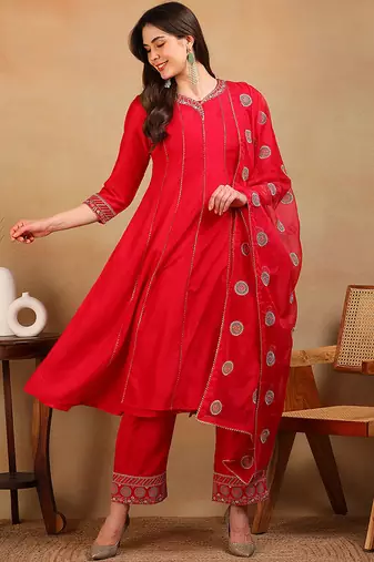 Red embroidered silk blend stitched readymade suit