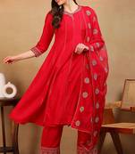 Red embroidered silk blend stitched readymade suit