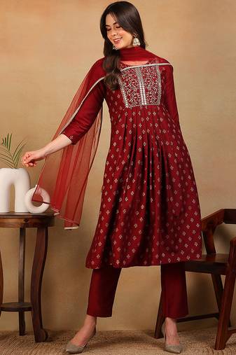 Maroon woven silk blend stitched readymade suit