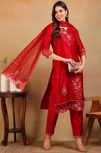 Red embroidered silk blend stitched readymade suit