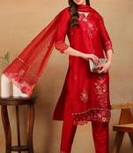 Red embroidered silk blend stitched readymade suit