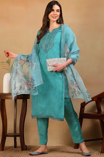 Turquoise embroidered organza stitched readymade suit