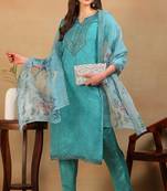 Turquoise embroidered organza stitched readymade suit