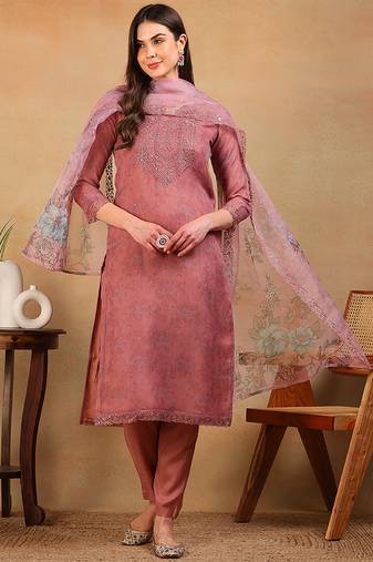 Mauve embroidered organza stitched readymade suit