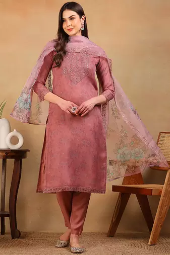 Mauve embroidered organza stitched readymade suit