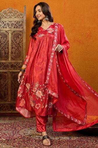 Red printed silk blend stitched readymade suit