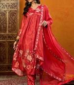 Red printed silk blend stitched readymade suit