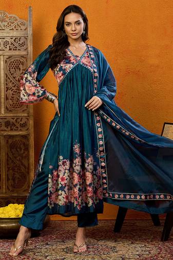 Blue printed silk blend stitched readymade suit