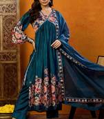 Blue printed silk blend stitched readymade suit