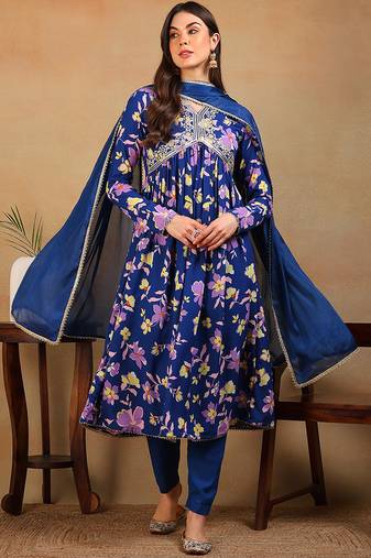 Blue printed georgette stitched readymade suit