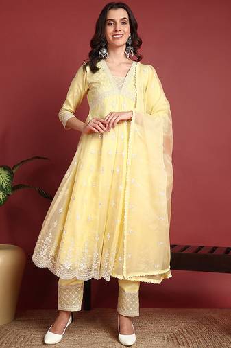 Yellow embroidered organza stitched readymade suit