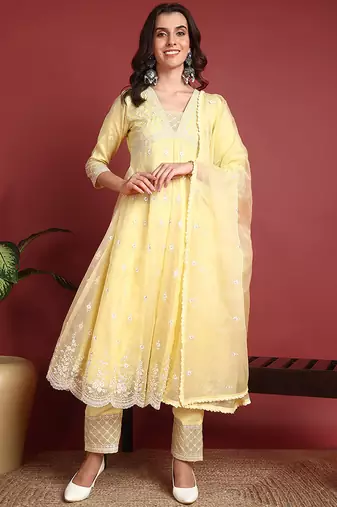 Yellow embroidered organza stitched readymade suit