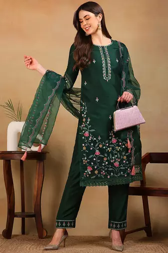 Olive embroidered silk blend stitched readymade suit