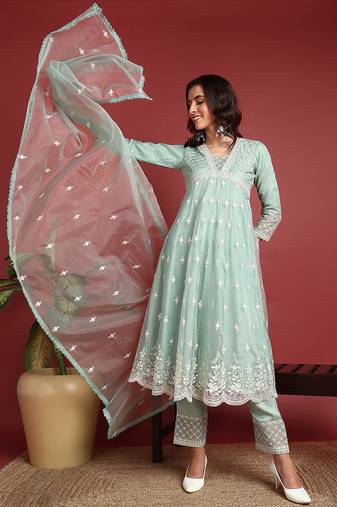 Sea green embroidered organza stitched readymade suit