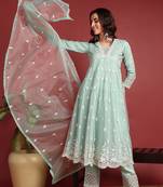 Sea green embroidered organza stitched readymade suit