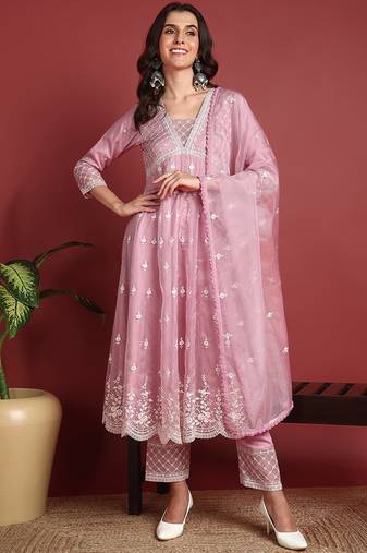 Pink embroidered organza stitched readymade suit