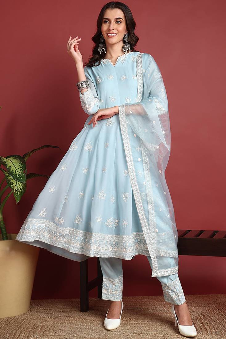 Blue plain organza stitched readymade suit
