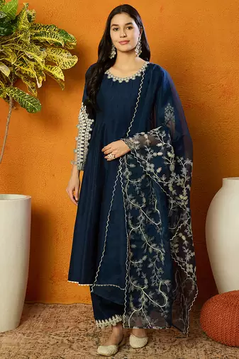 Blue embroidered silk blend stitched readymade suit