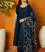 Blue embroidered silk blend stitched readymade suit