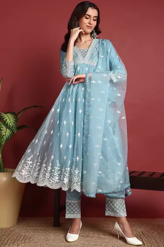 Blue embroidered organza stitched readymade suit