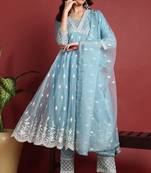 Blue embroidered organza stitched readymade suit