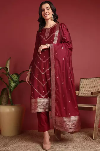 Maroon printed silk blend stitched readymade suit