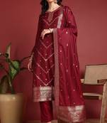 Maroon printed silk blend stitched readymade suit