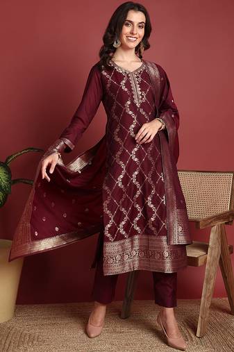 Burgundy printed silk blend stitched readymade suit