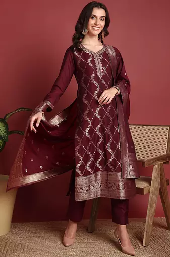 Burgundy printed silk blend stitched readymade suit