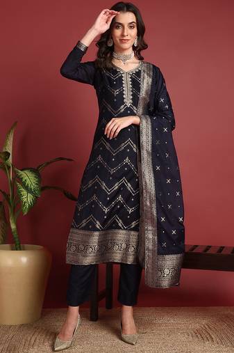 Navy blue printed silk blend stitched readymade suit