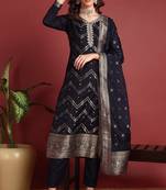Navy blue printed silk blend stitched readymade suit