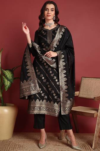 Black printed silk blend stitched readymade suit