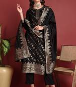 Black printed silk blend stitched readymade suit
