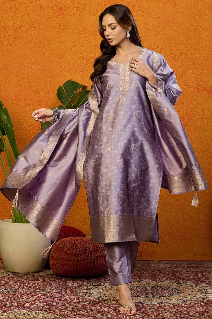 Lavender printed silk blend stitched readymade suit
