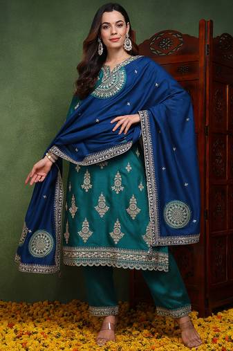 Green embroidered silk blend stitched readymade suit