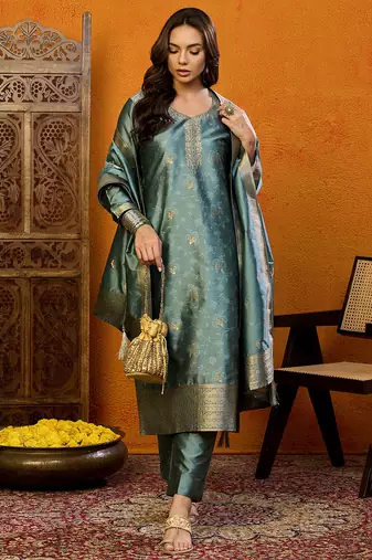 Teal printed silk blend stitched readymade suit