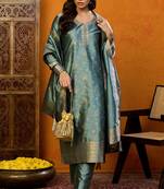 Teal printed silk blend stitched readymade suit