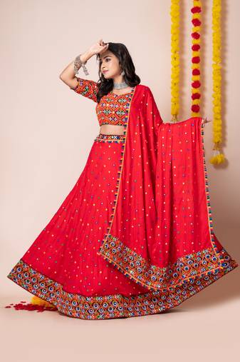 Red Navratri Special Traditional Semi-Stitched Lehenga Choli