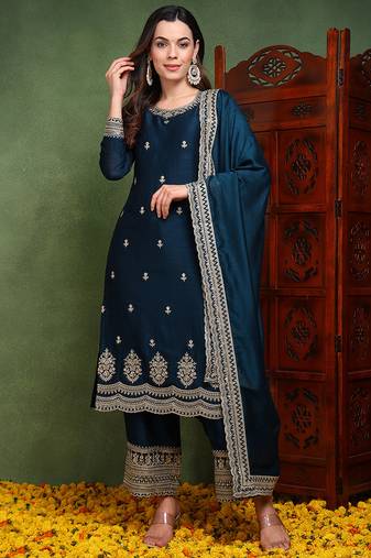 Blue embroidered silk blend stitched readymade suit
