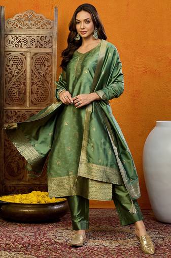 Green printed silk blend stitched readymade suit