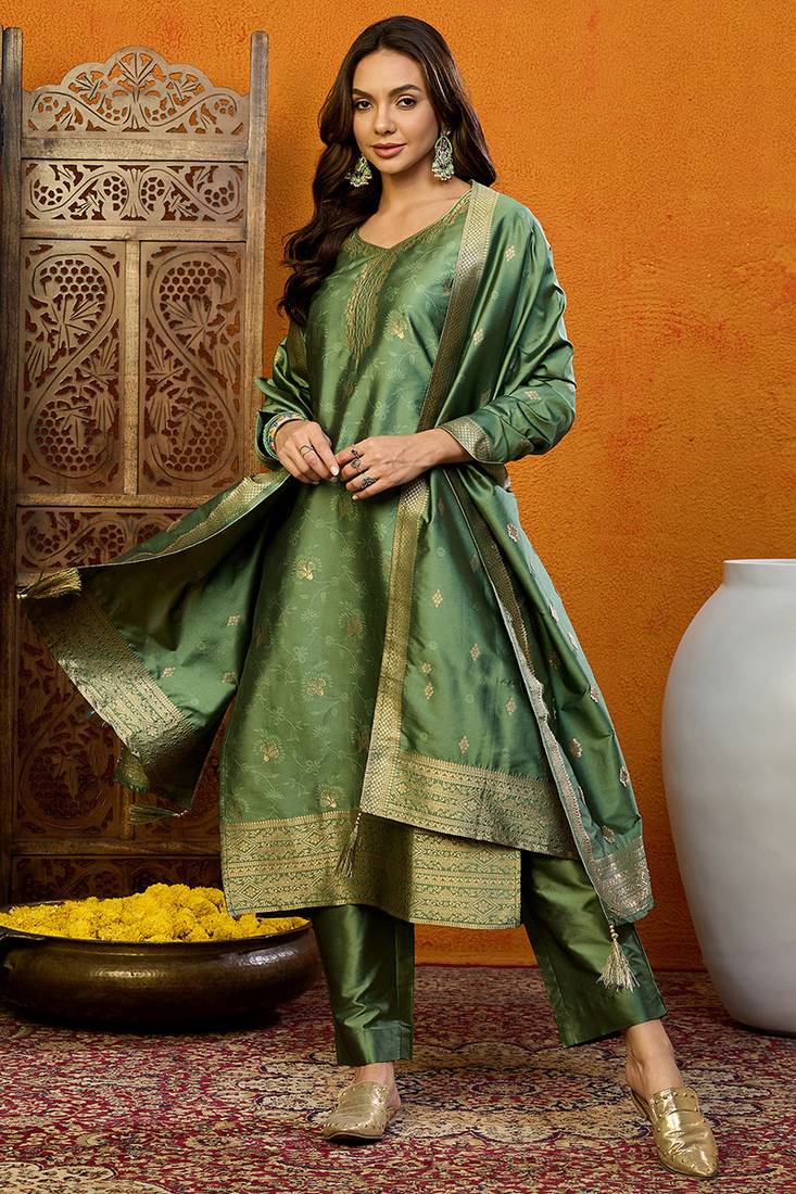 Green printed silk blend stitched readymade suit