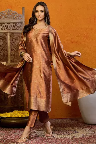 Brown printed silk blend stitched readymade suit