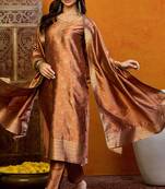 Brown printed silk blend stitched readymade suit