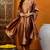 Brown printed silk blend stitched readymade suit